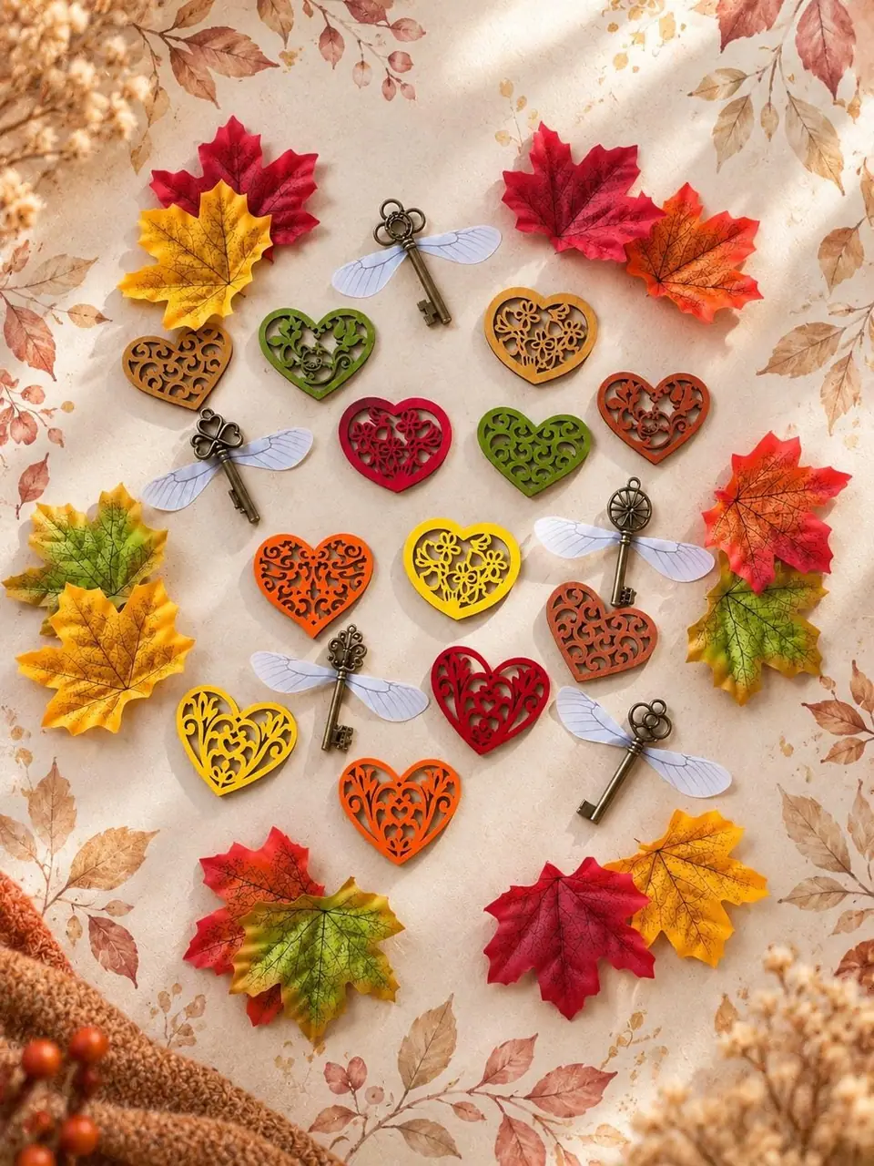 Herbst Deko Set zum Aufhängen. Herbstliche Dekoration fürs Zuhause. Herzen. Messingschlüssel. Herbstblätter. Magische Anhänger. Boho